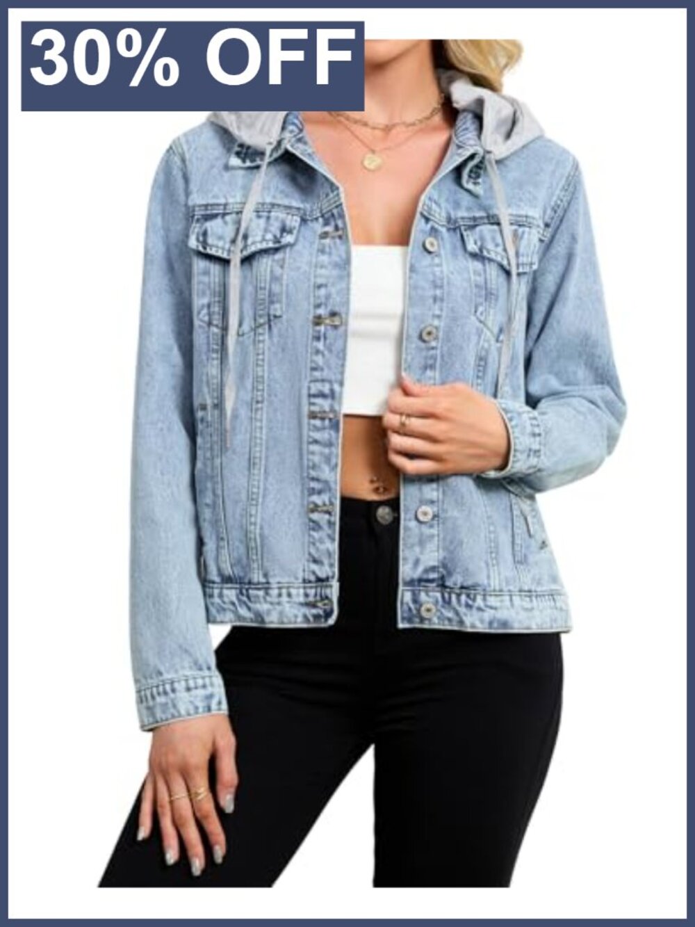 Women's Hooded Denim Jacket Long Sleeve Western Jean Coat Casual Boyfriend Fit